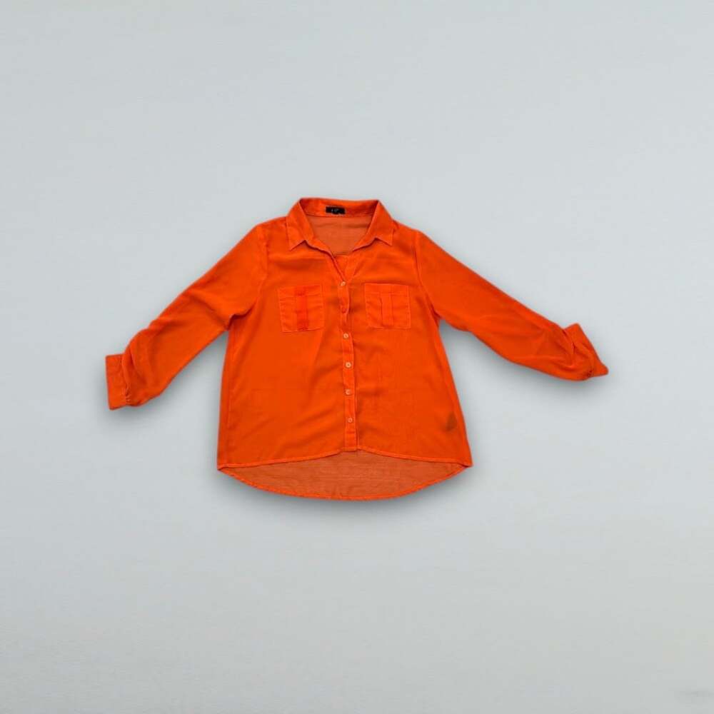 Orange Sheer Button Down Blouse Roll Tab Sleeve High Low Hem L
